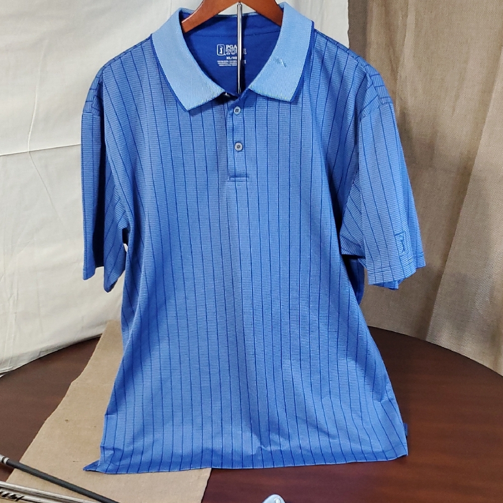PGA Tour NWOT Blue Striped Air-flow Moisture Wick Golf Polo UPF Shirt Size XL